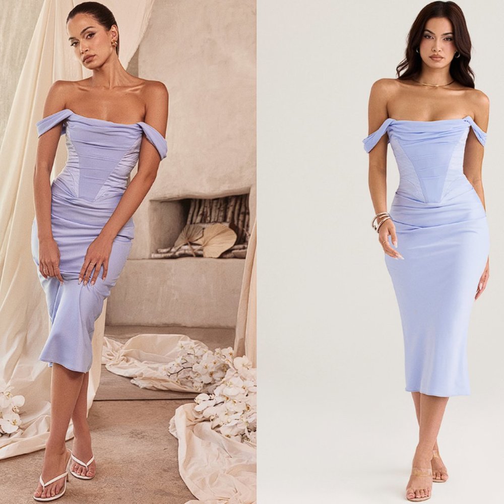 HOUSE OF CB 'Natalya' Sky Satin Corset Midi Dress NWOT